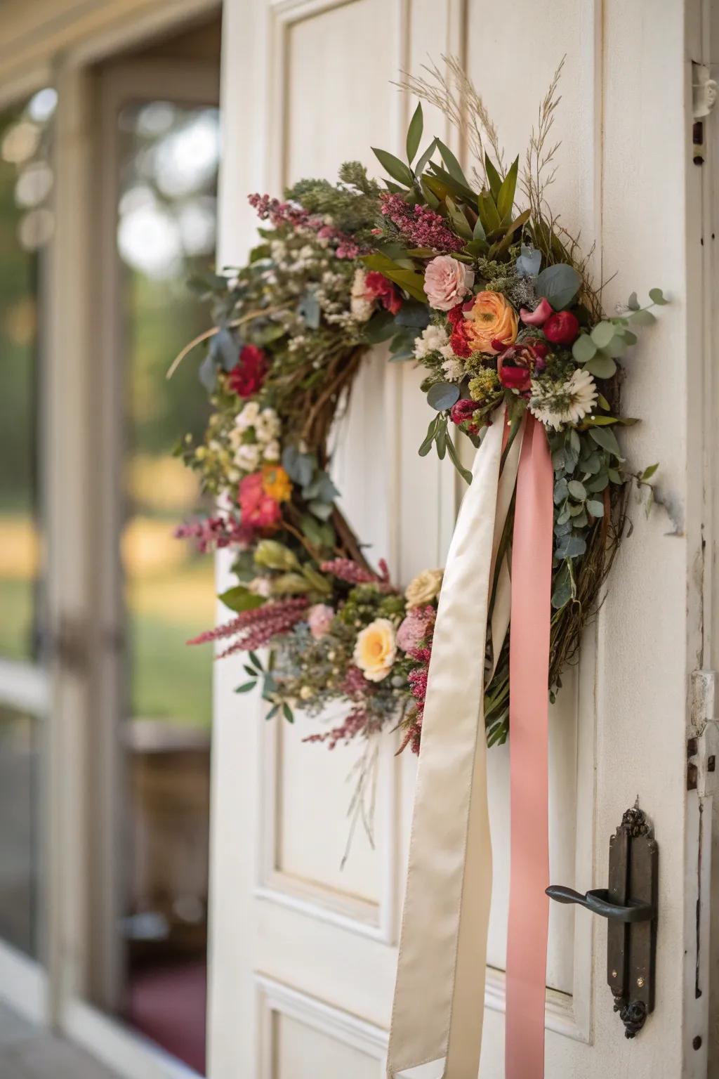 Add a touch of elegance with a decorative ribbon when hanging your wreath.