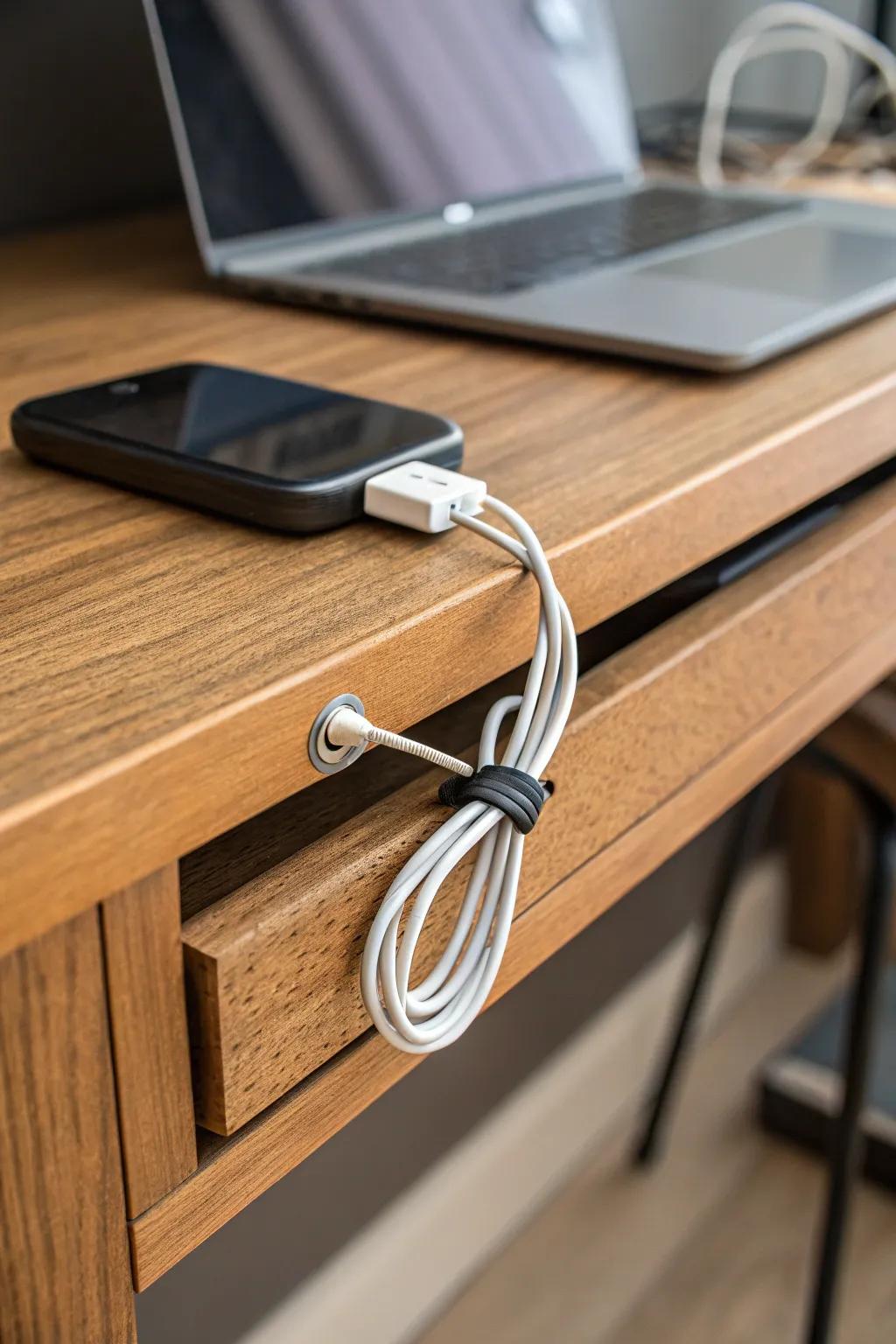 Elevate your workspace with hidden elegance: adhesive hooks for seamless cord organization.