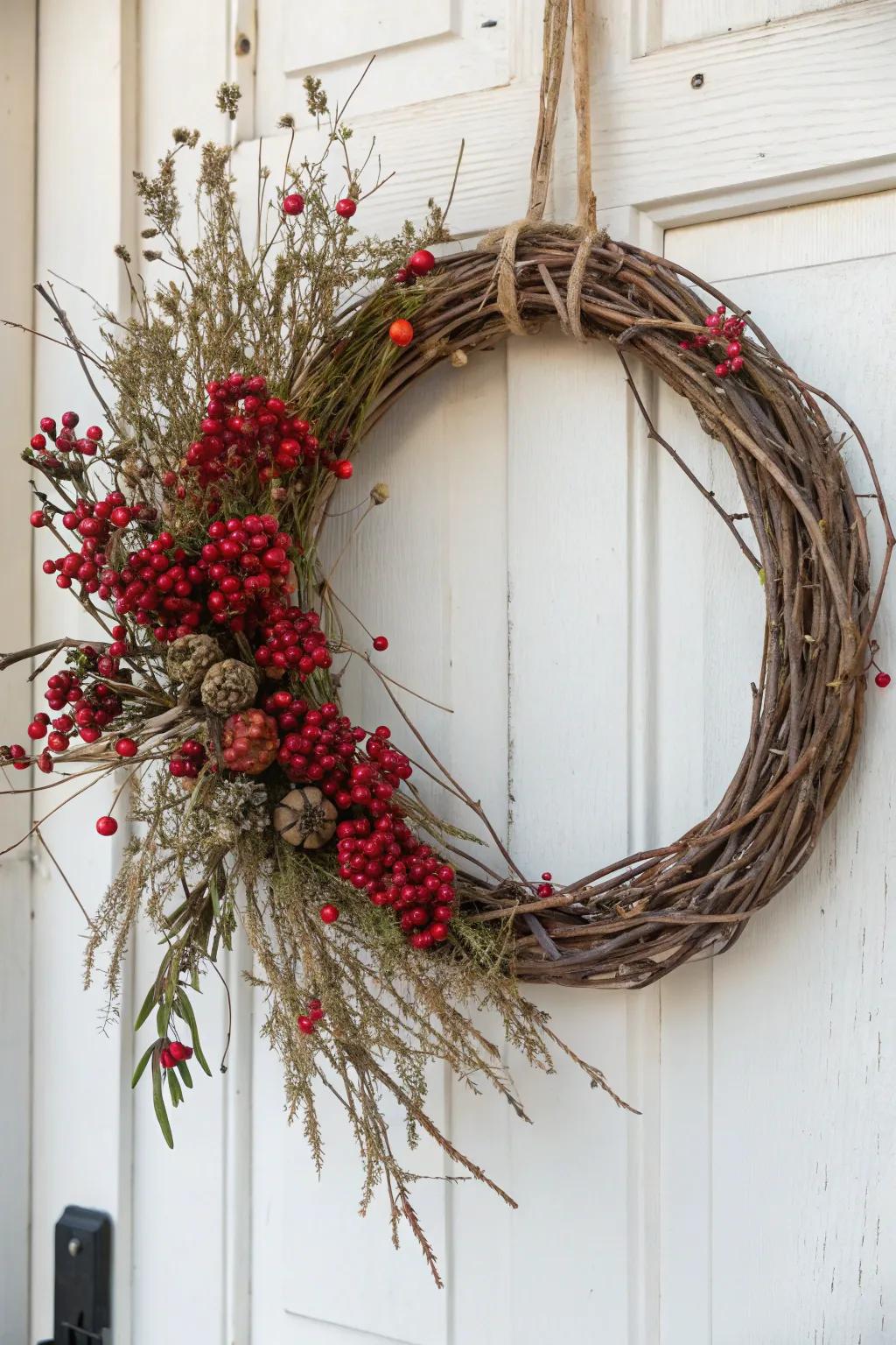 Embrace the rustic charm of countryside elegance with this delightful grapevine wreath.
