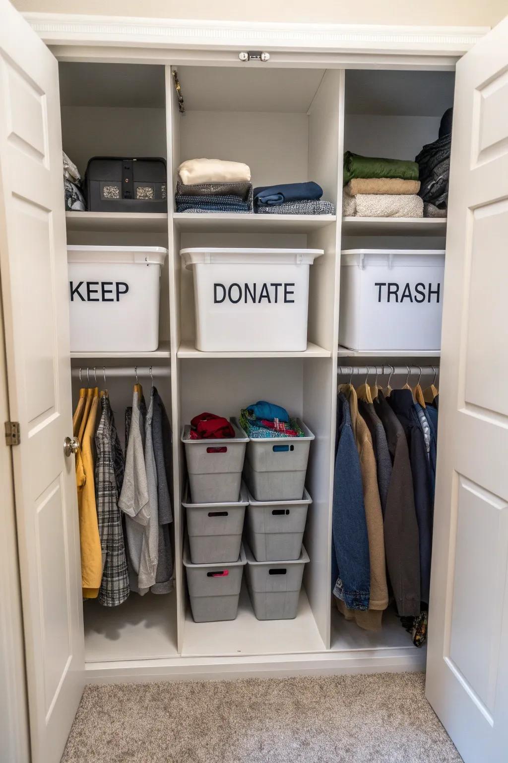 Begin organizing by purging unnecessary items from your deep closet.