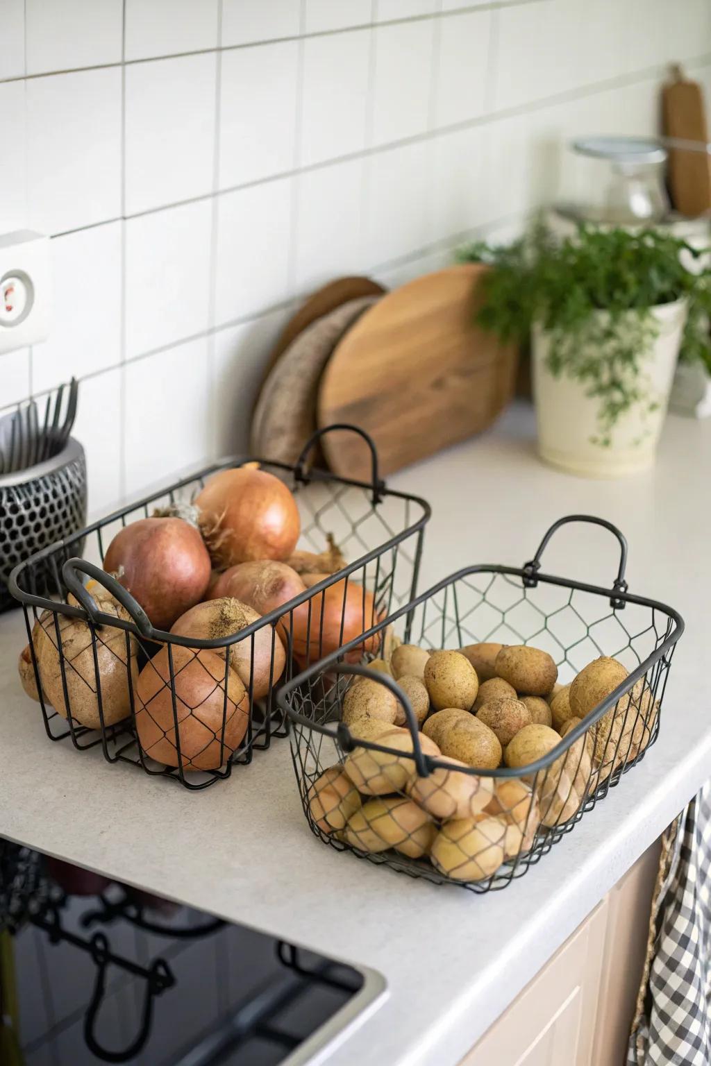 Wire baskets provide excellent ventilation for storing onions and potatoes separately.