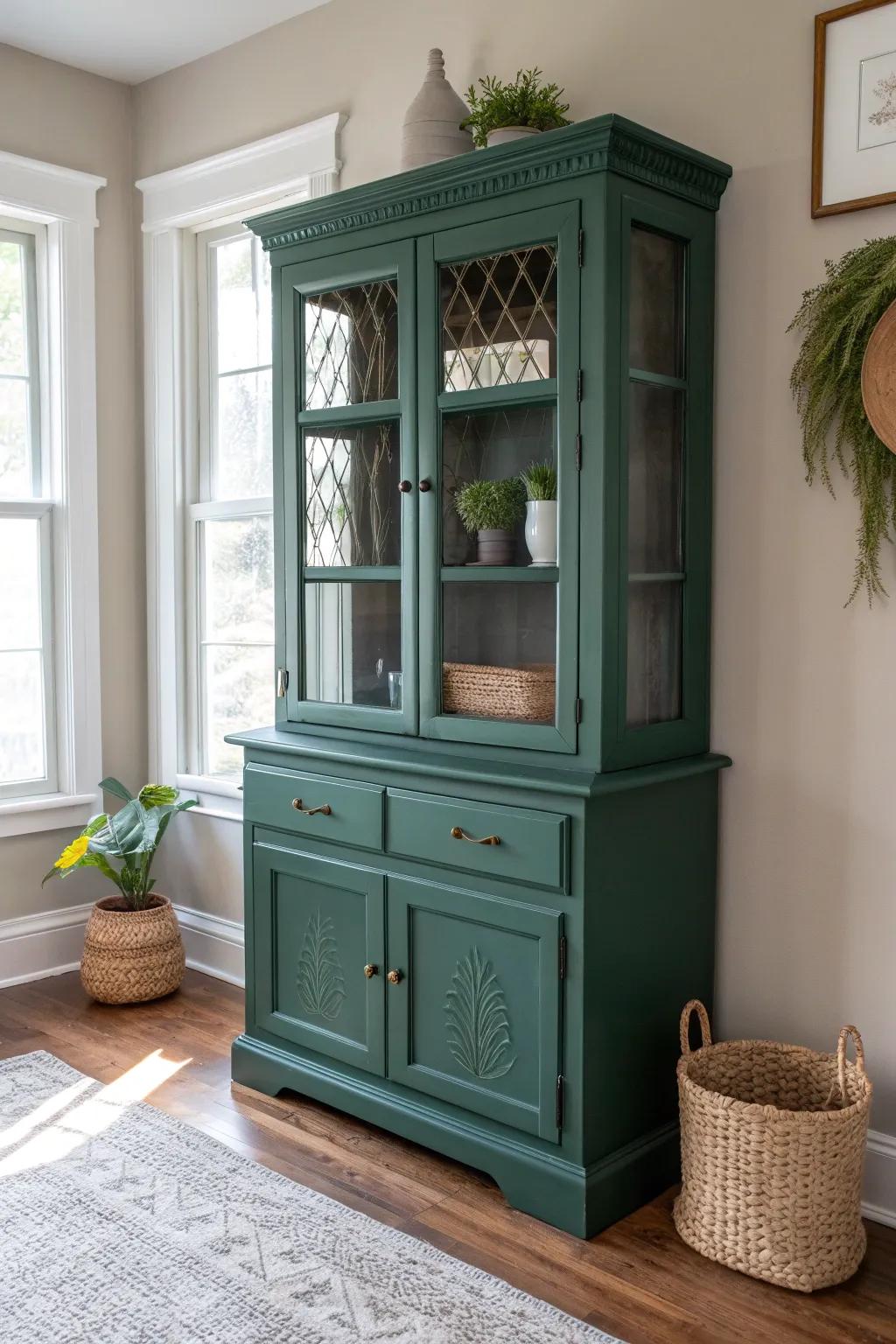 Transform your space with a bold, green-painted hutch that combines minimalist elegance and boho beauty.