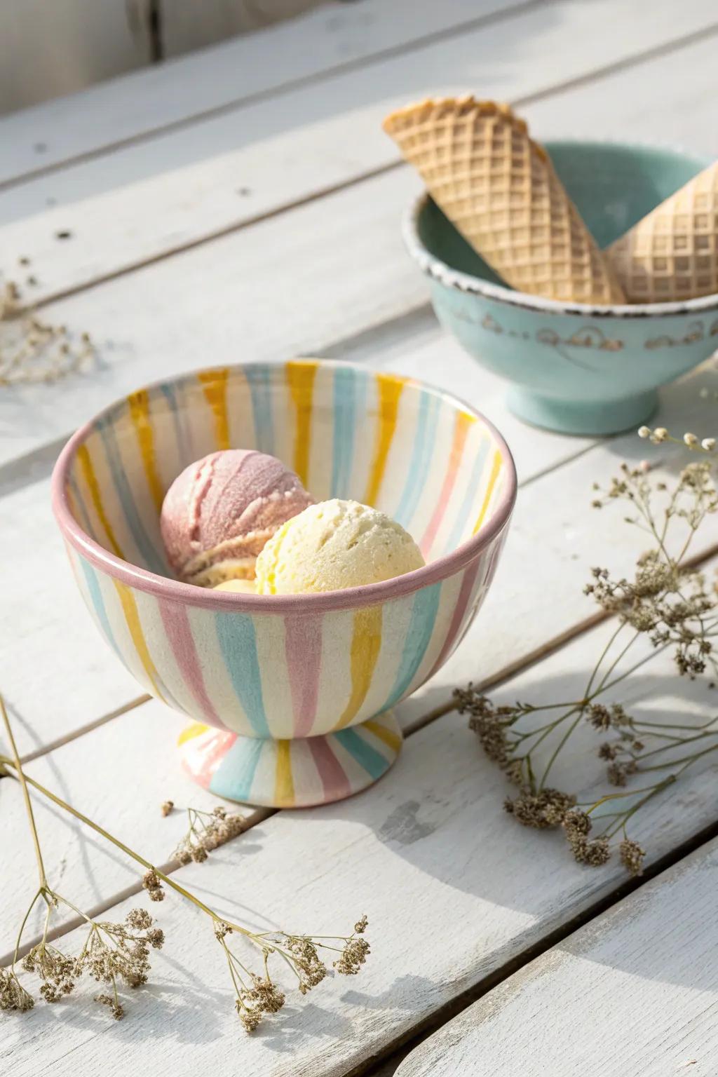 Transform your dessert moments with a pastel-striped ice cream bowl – where simplicity meets artistry.