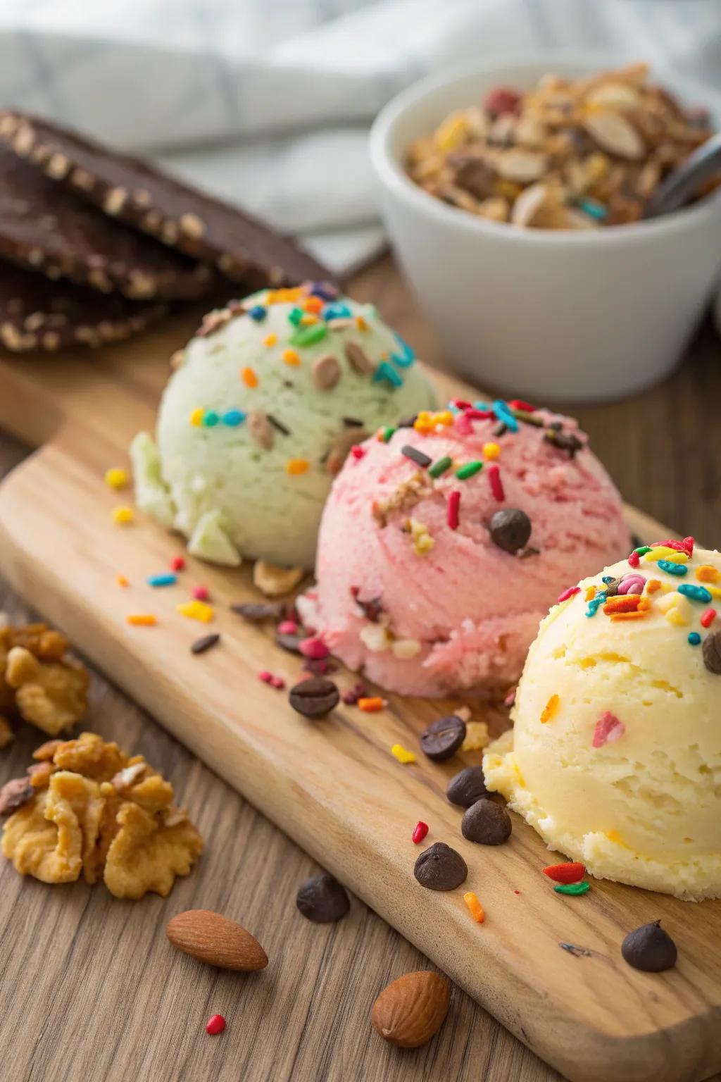 Ice cream adorned with an assortment of colorful toppings.