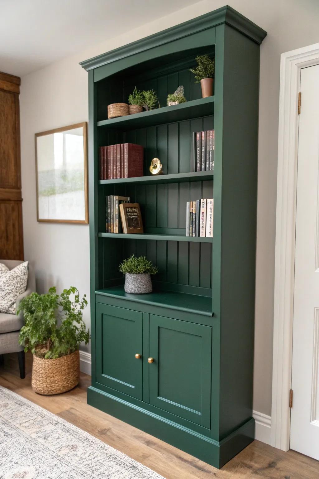 Transform your reading nook into a cozy retreat with deep green hues that invite tranquility and style.
