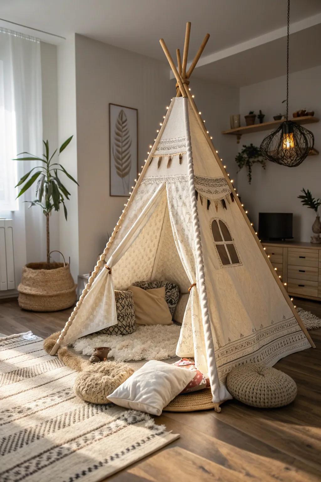 Transform your living room into a cozy retreat with this elegantly crafted indoor teepee.