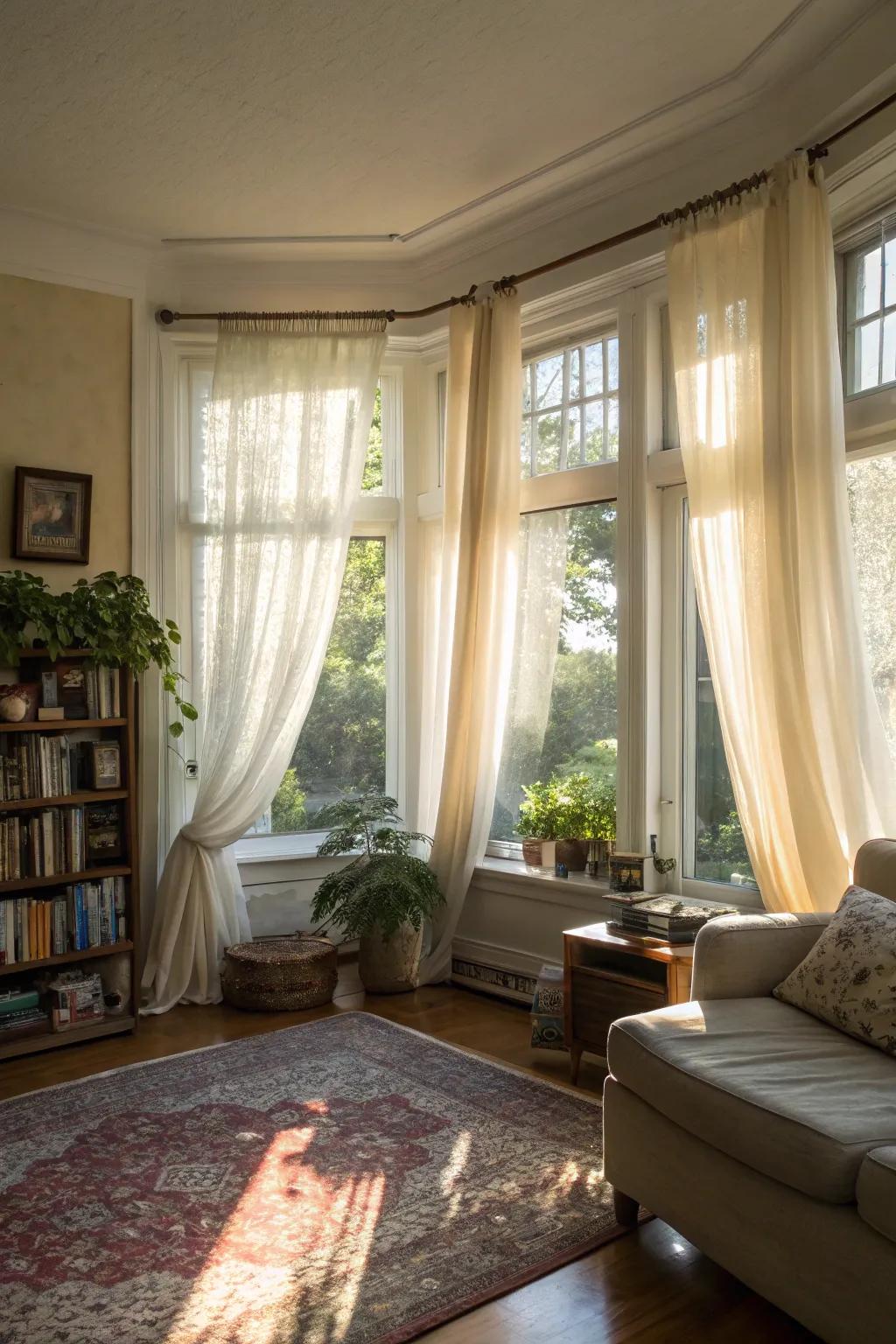 Sheer curtains offer a light and airy touch to bay windows.