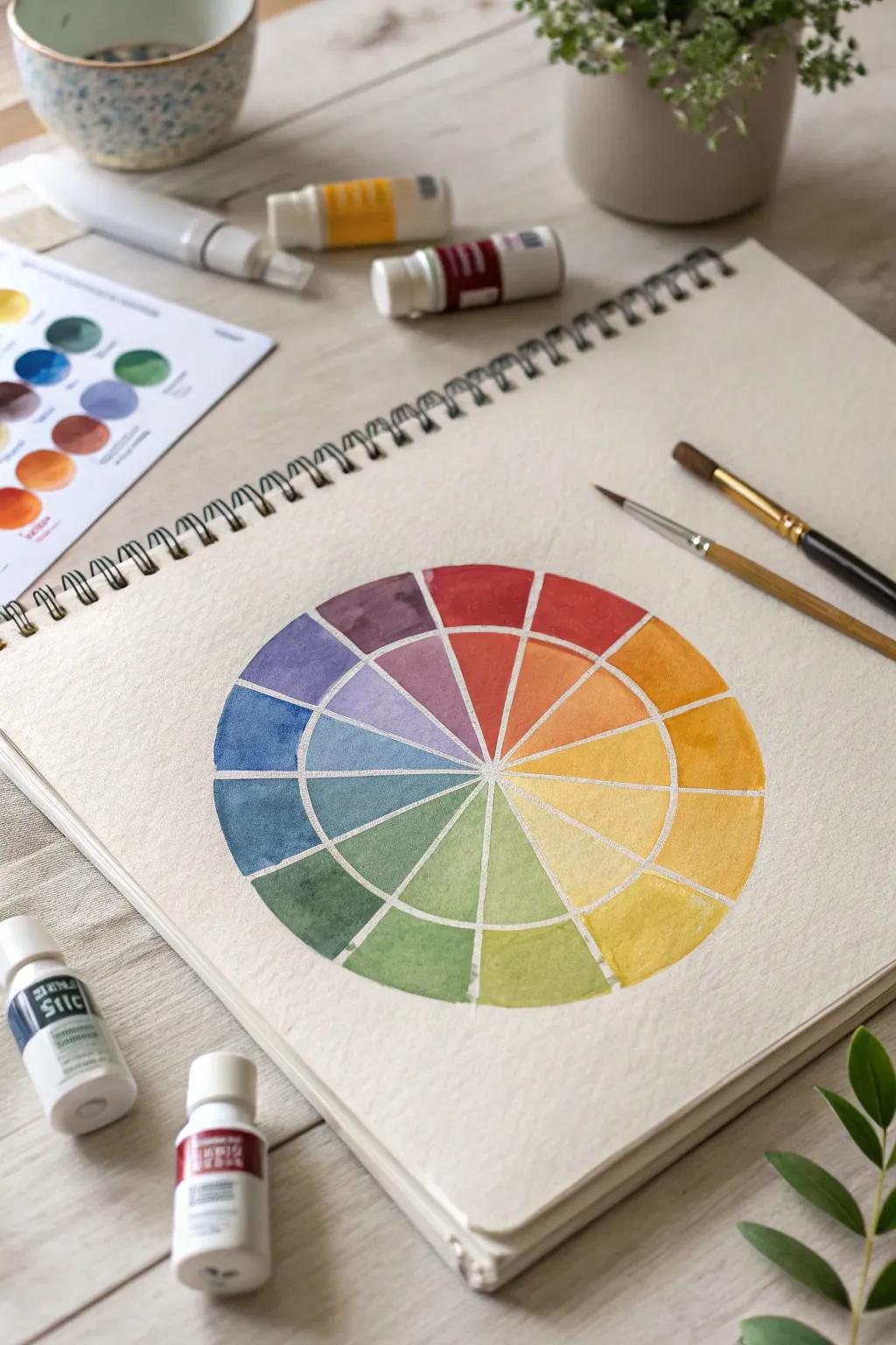 Discover the magic of color with a beautifully crafted wheel in your sketchbook. Let hues and shades inspire your creativity!