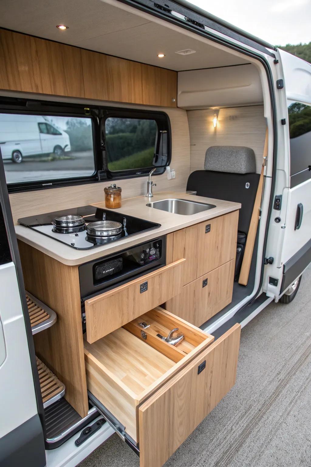 Discover the art of compact living with this expertly crafted pull-out camper van kitchen.