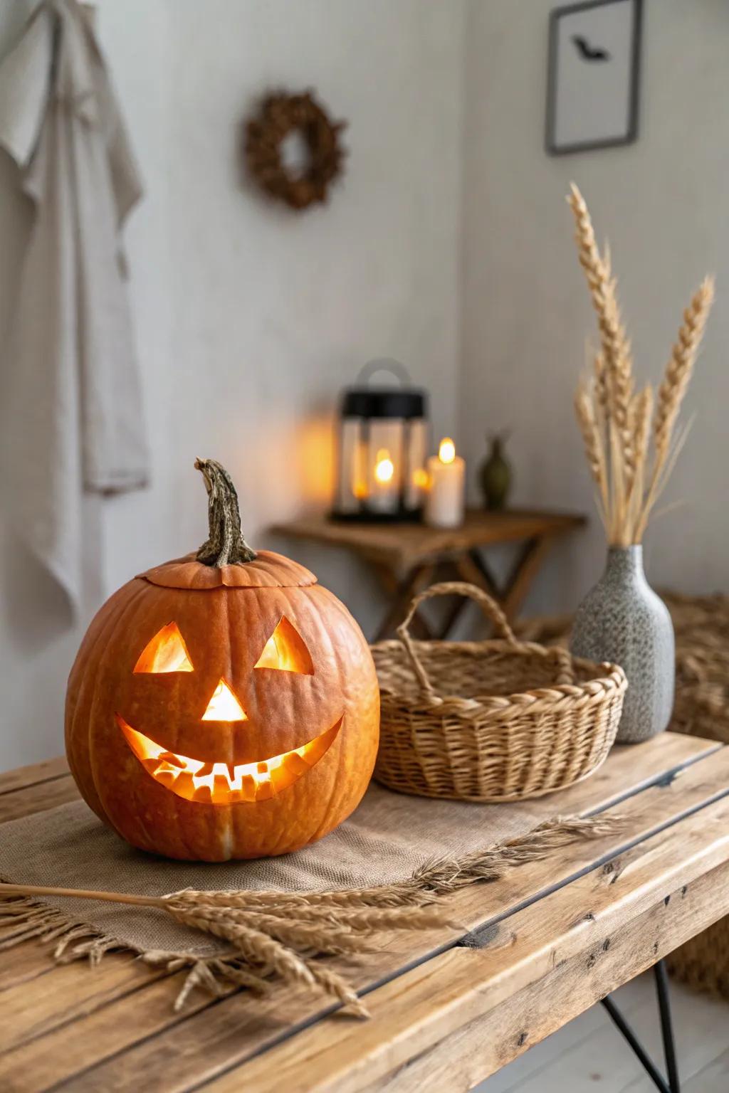 Embrace the timeless charm of a classic grinning jack-o'-lantern and let its warm glow light up your autumn evenings.
