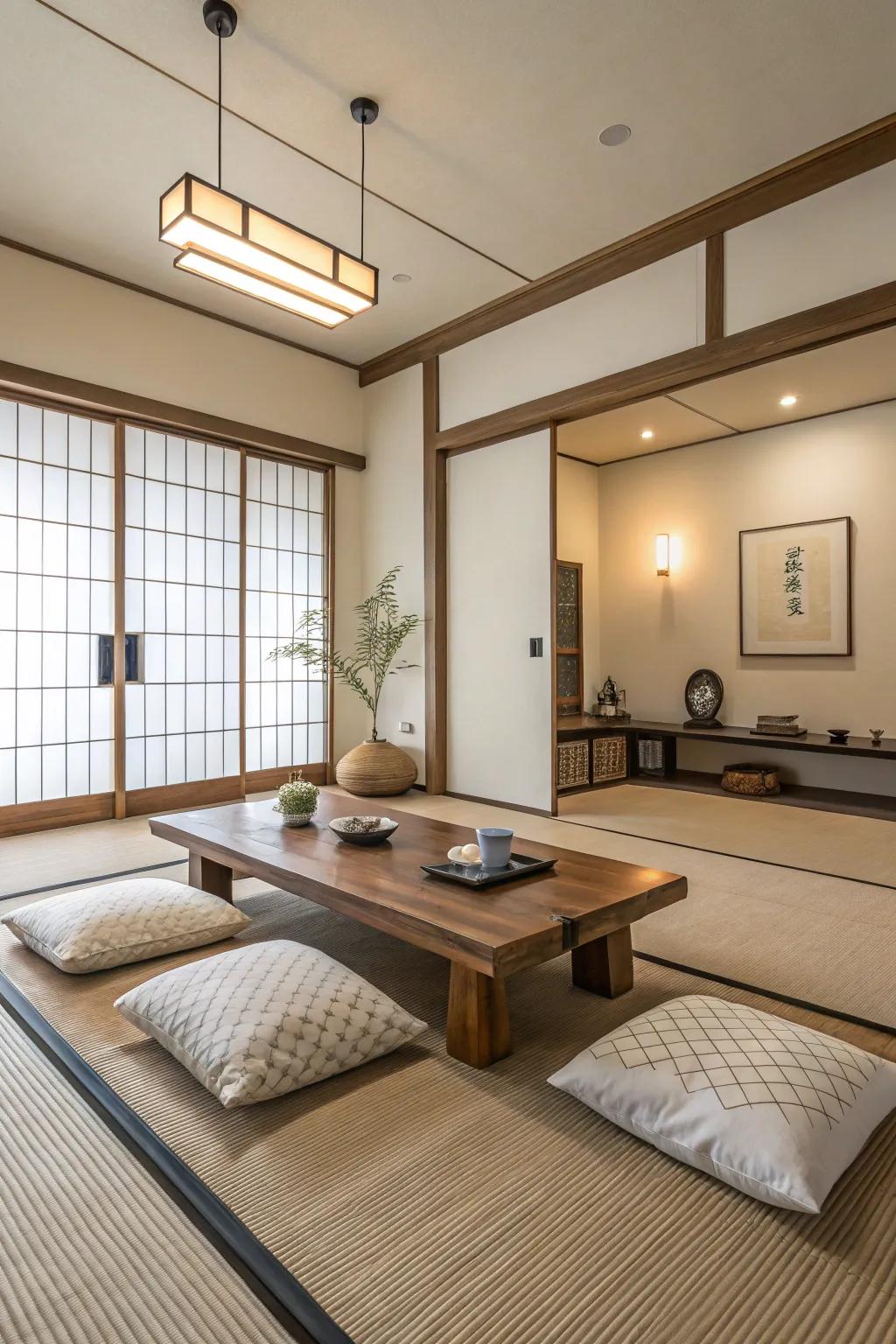 A minimalist Japanese living room that embodies simplicity and elegance.