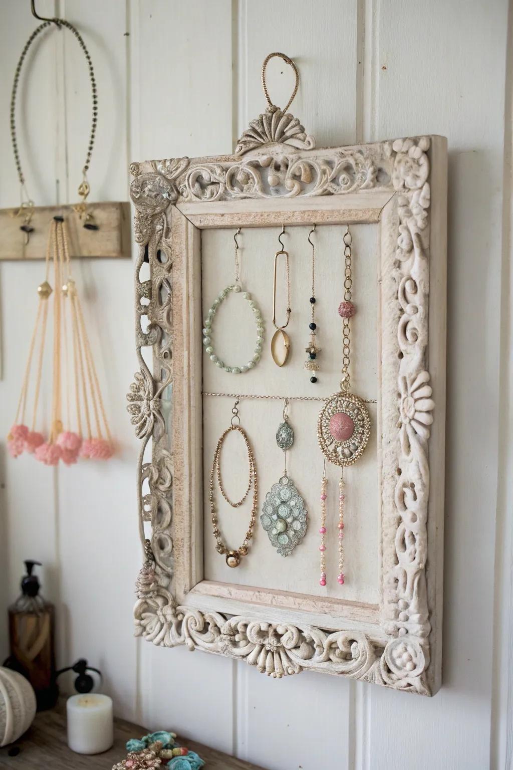 Transform your old treasures into stunning wall art with this framed jewelry masterpiece.