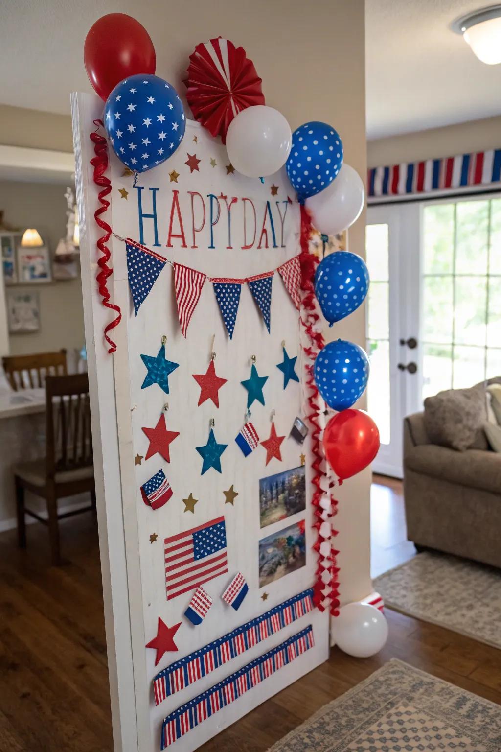 A patriotic birthday board adorned with red, white, and blue elements to celebrate July.