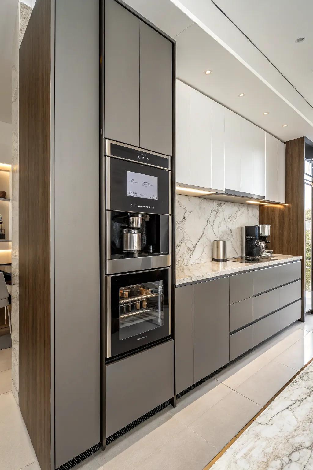 A built-in coffee machine nestled within contemporary kitchen cabinets.
