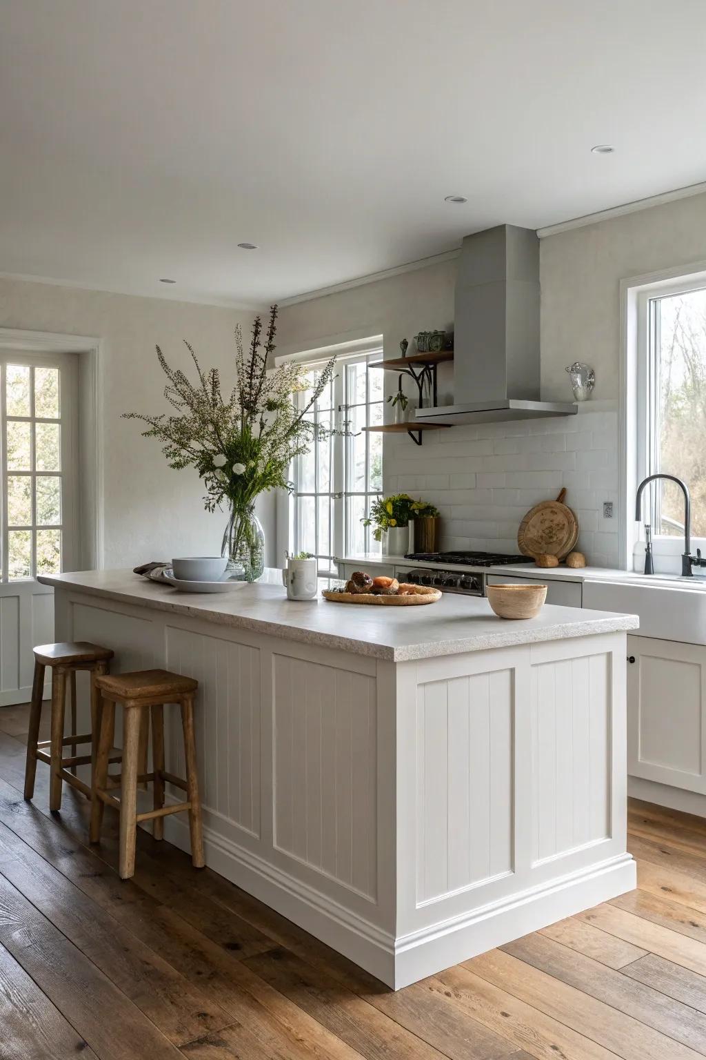 A classic white kitchen island exudes elegance and simplicity in a cozy kitchen space.