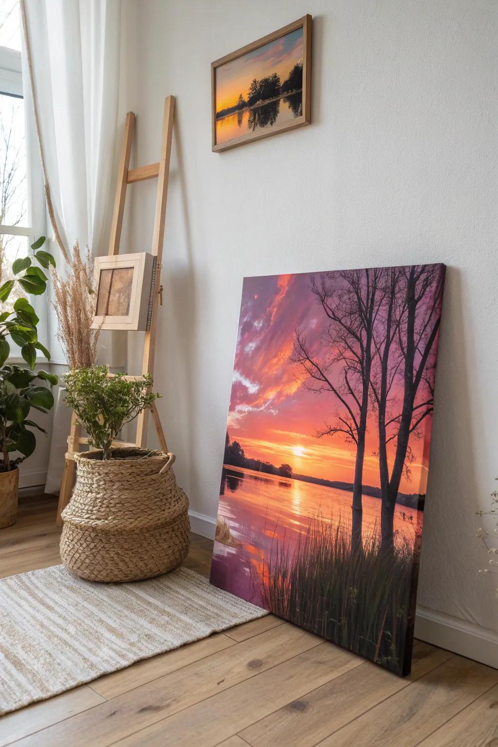 Capture the tranquil elegance of a sunset's reflections with minimalist artistry.