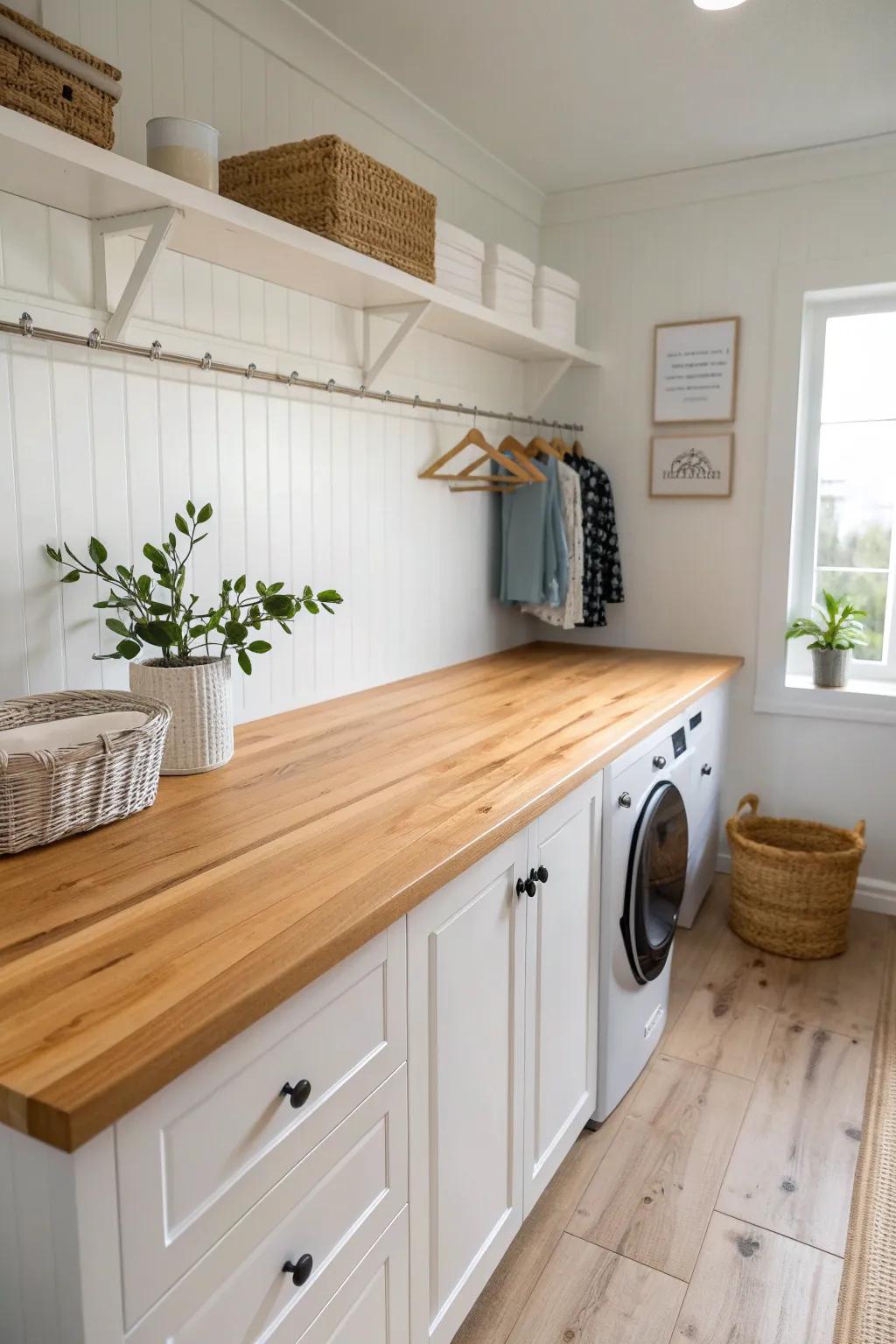 Elevate your laundry routine with a stunning beechwood countertop that blends Scandinavian minimalism with Boho charm. #LaundryRoomGoals
