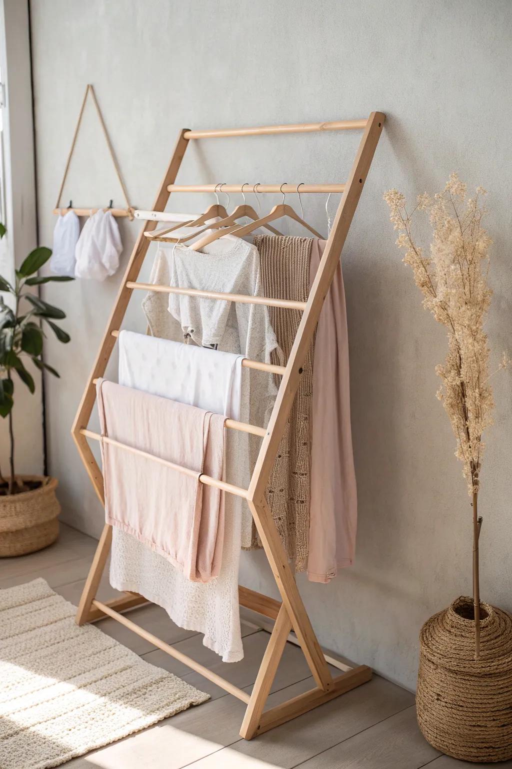 Transform your laundry nook with minimalist elegance: a wall-mounted rack that embodies Scandinavian simplicity and Boho charm.
