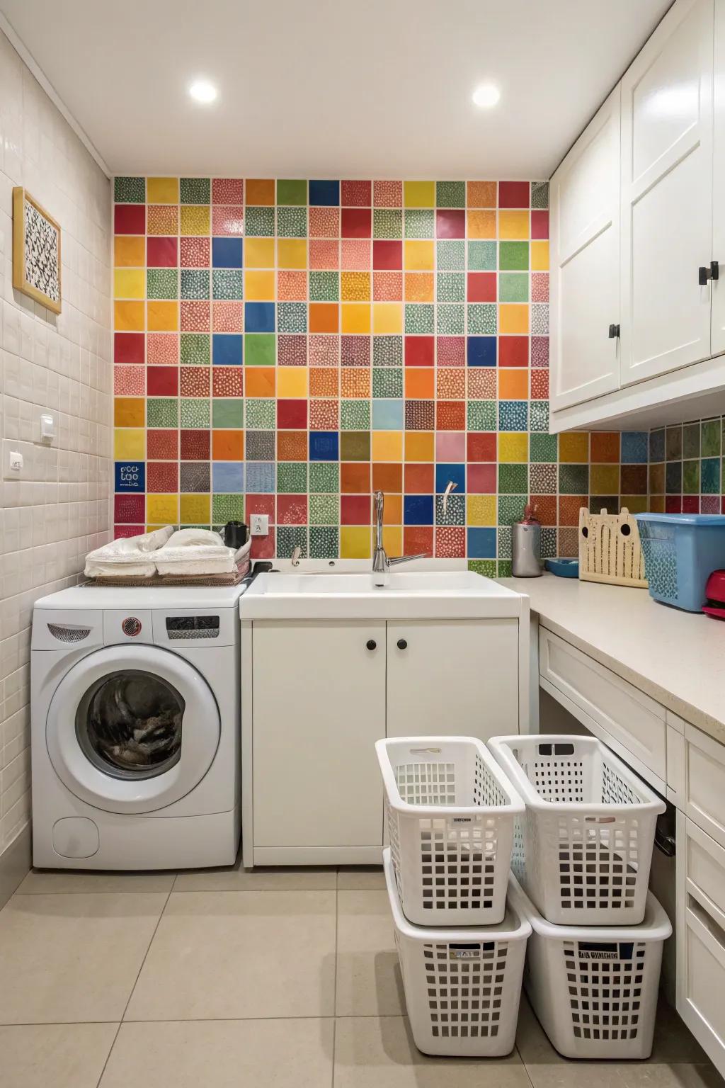 Vibrant tiles create a lively atmosphere in any laundry room.