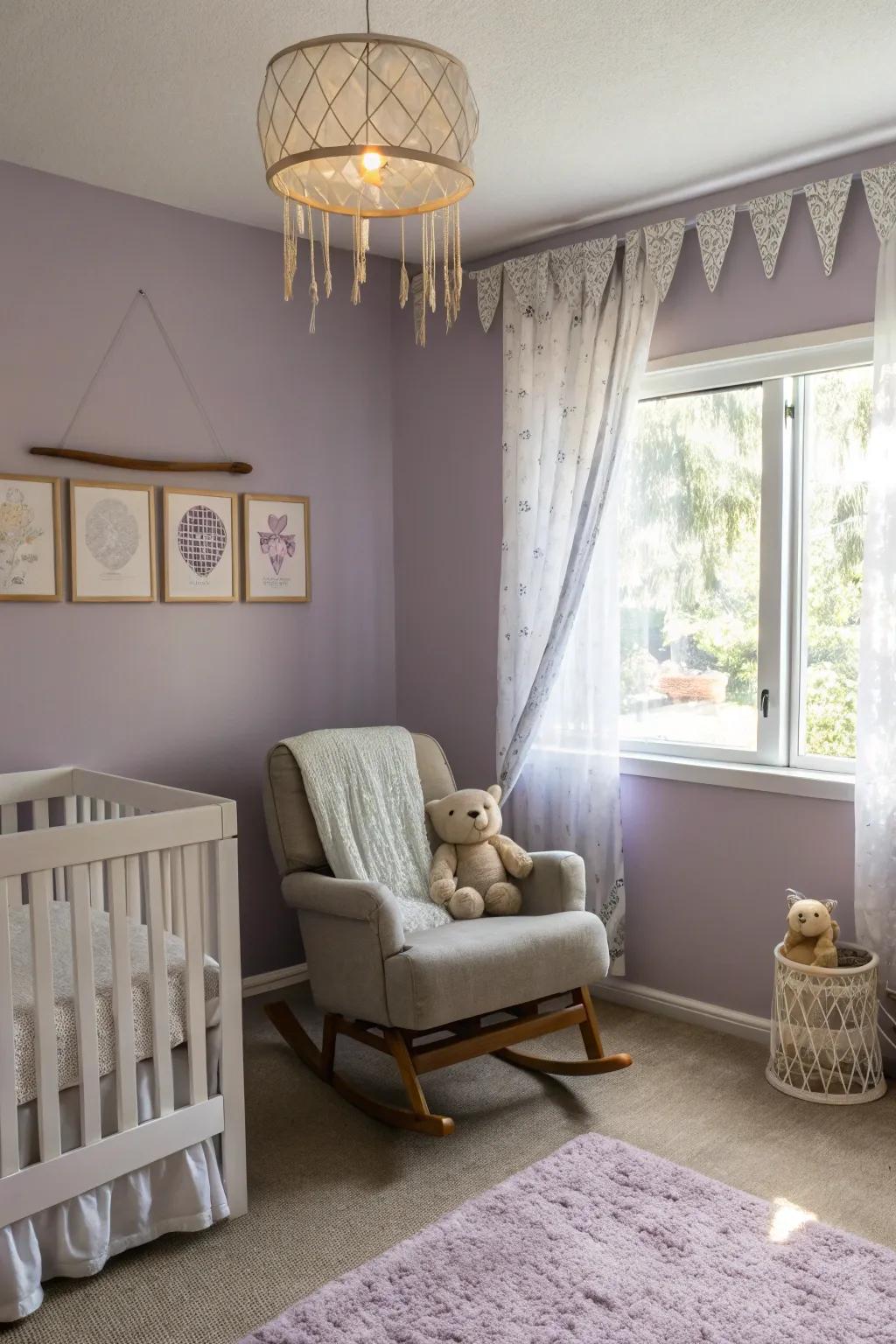 Lavender walls create a calming atmosphere.