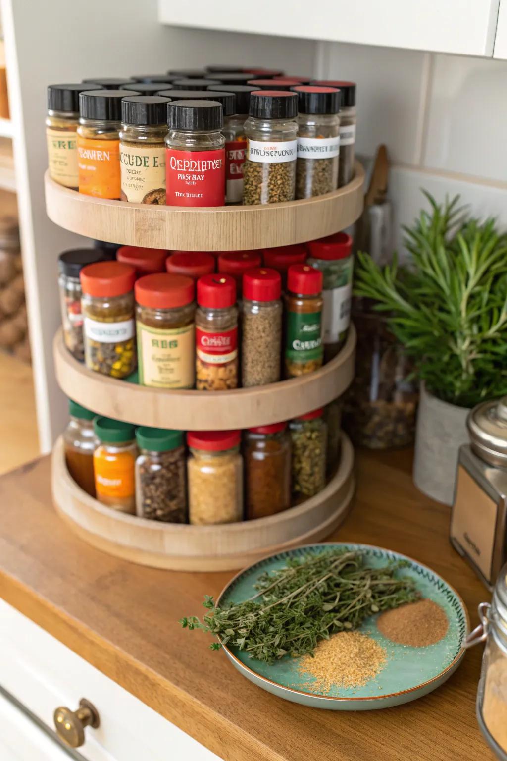 A tidy spice cabinet with a lazy susan, showcasing an array of spices neatly organized.