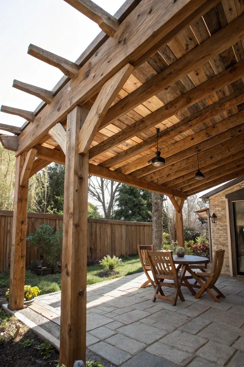 Embrace rustic elegance with a handcrafted wooden patio cover: your perfect morning retreat.