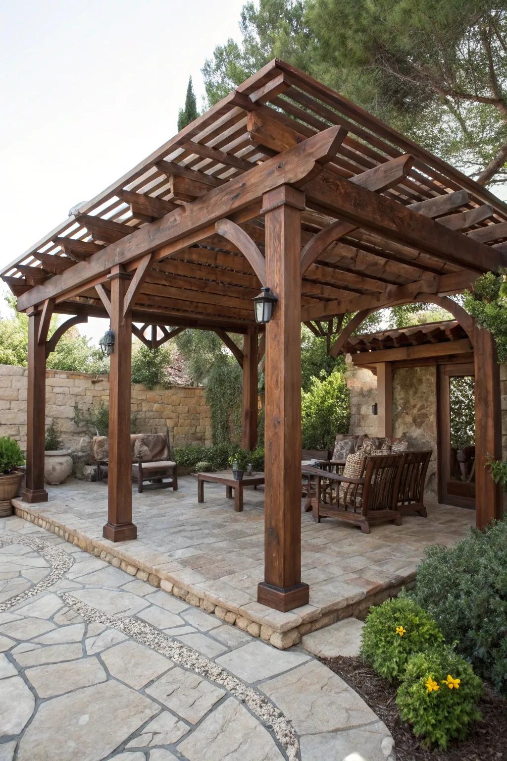 Experience Mediterranean elegance with this handcrafted pergola-style lean-to, where light and shadow dance in perfect harmony.