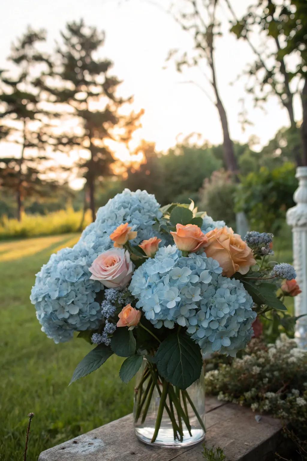 A bouquet of light blue hydrangeas mixed with peach accents.