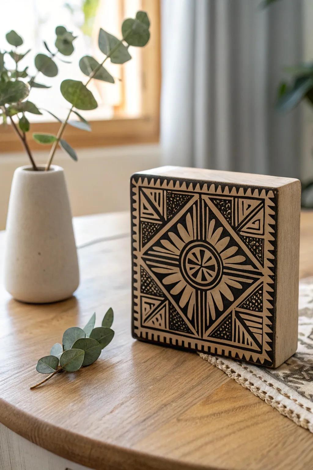 Craftsmanship meets simplicity: Elevate your space with bold geometric linocuts.