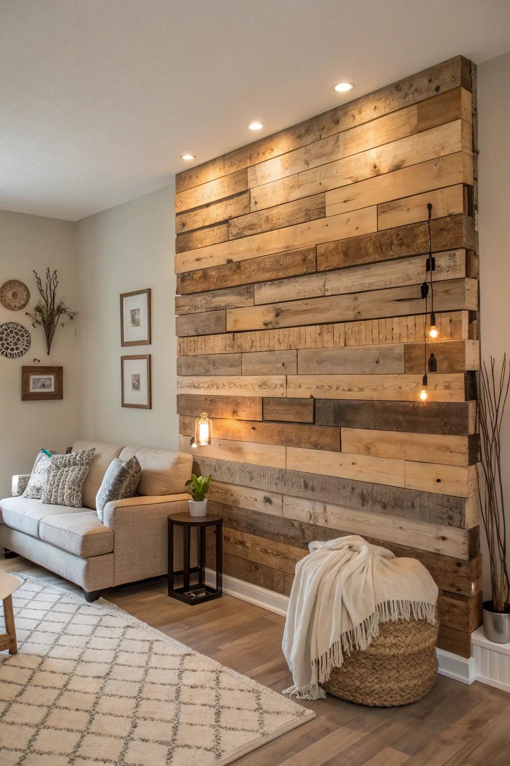 Transform your space into a rustic retreat with a pallet wall that exudes warmth and natural beauty.