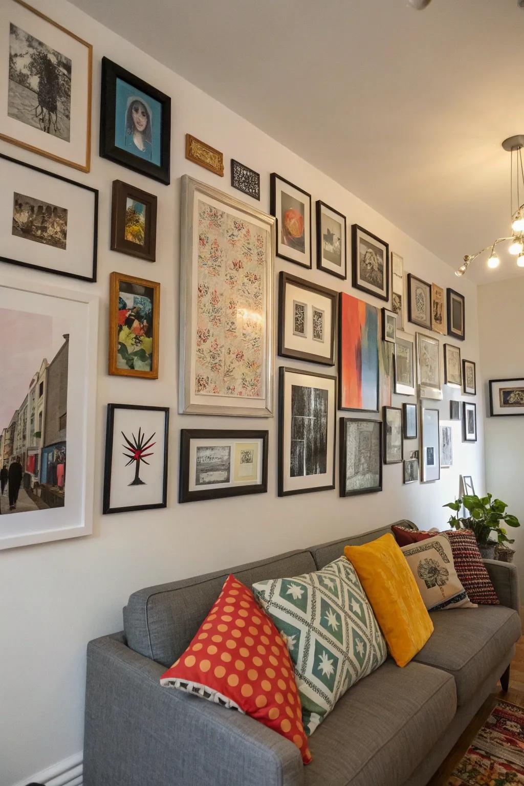 An eclectic gallery wall showcasing a mix of art and personal photos.