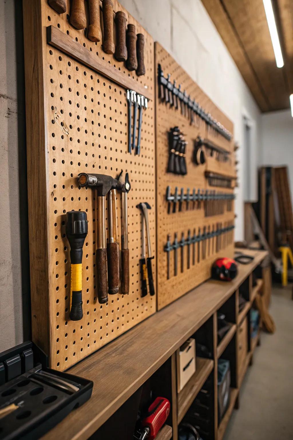 Master your workspace with a beautifully organized pegboard, where craftsmanship meets efficiency.