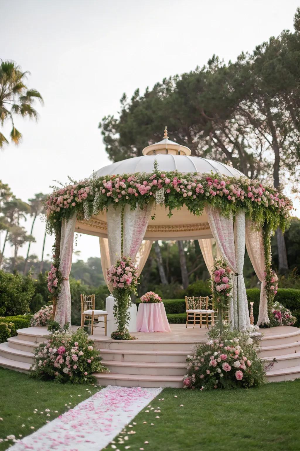 A dreamy floral canopy creates a fairytale setting for a mandap.