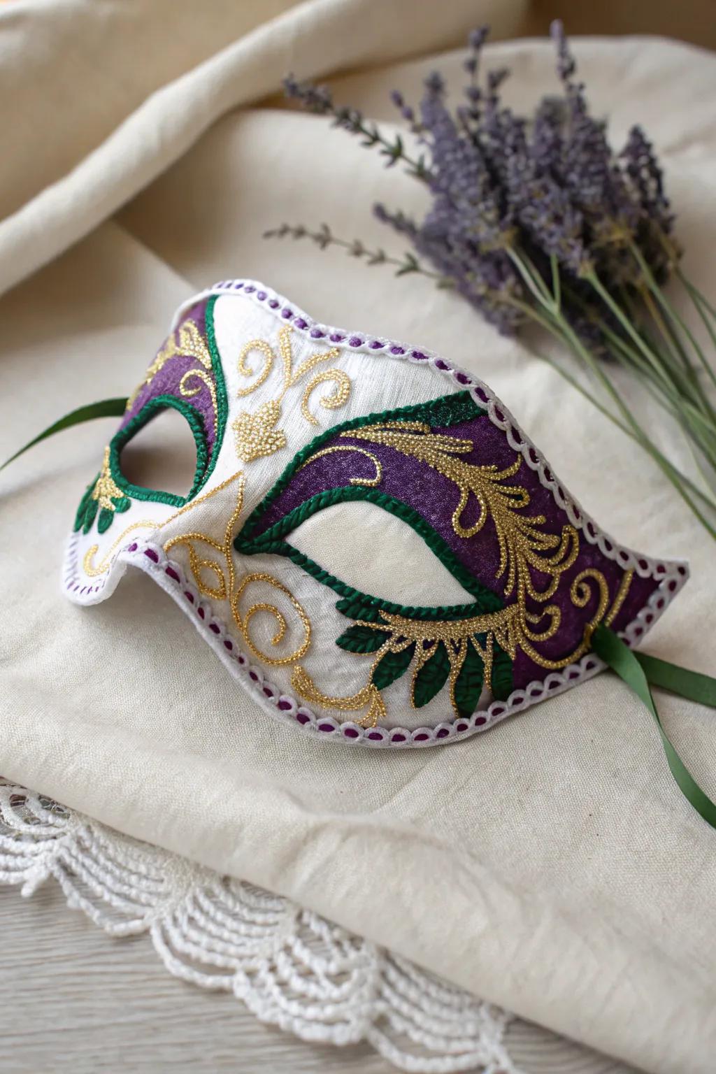 Embrace the elegance of intricate lace in your Mardi Gras mask design for a timeless, ethereal look.