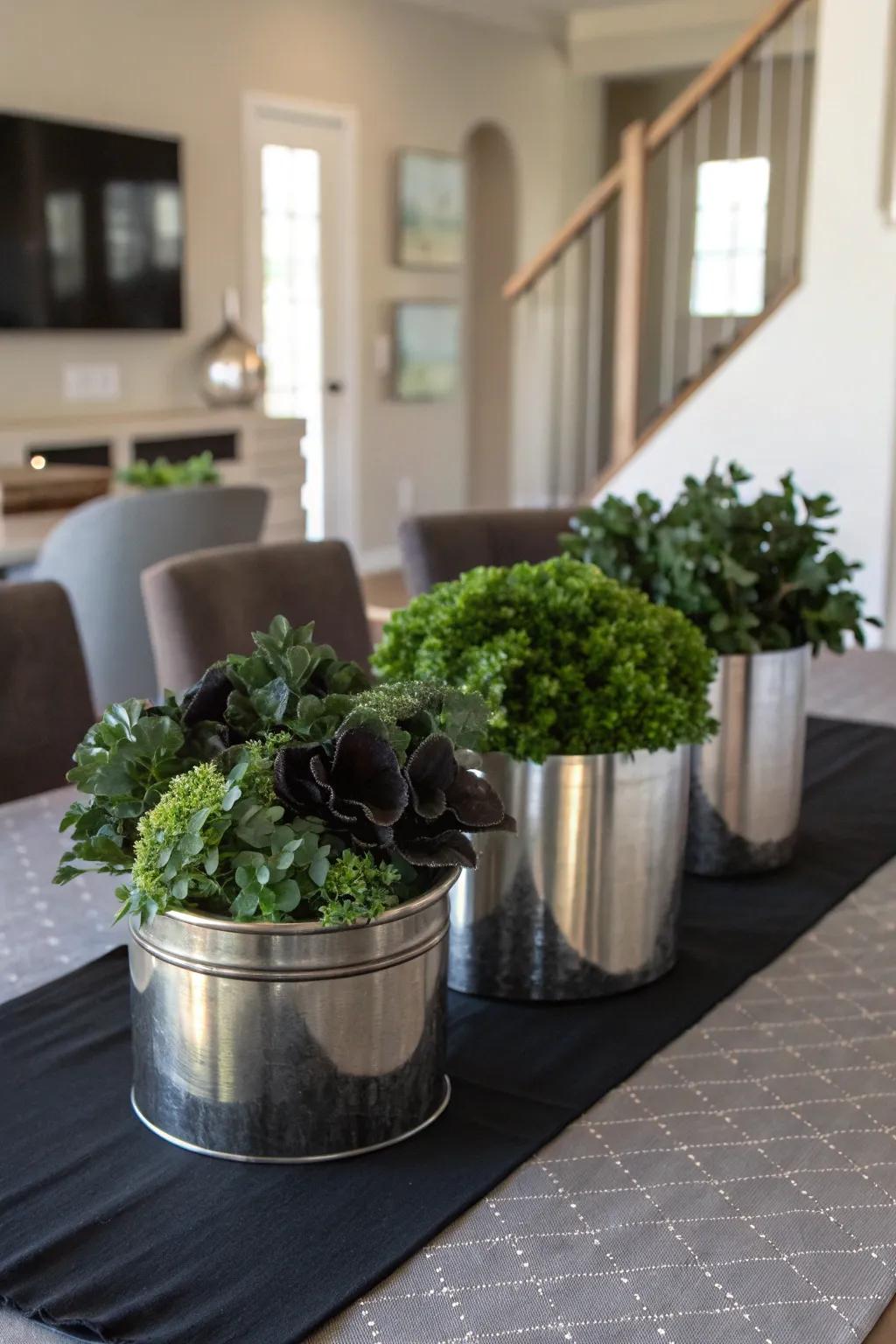 Industrial elements like brushed metal create a chic and masculine centerpiece.