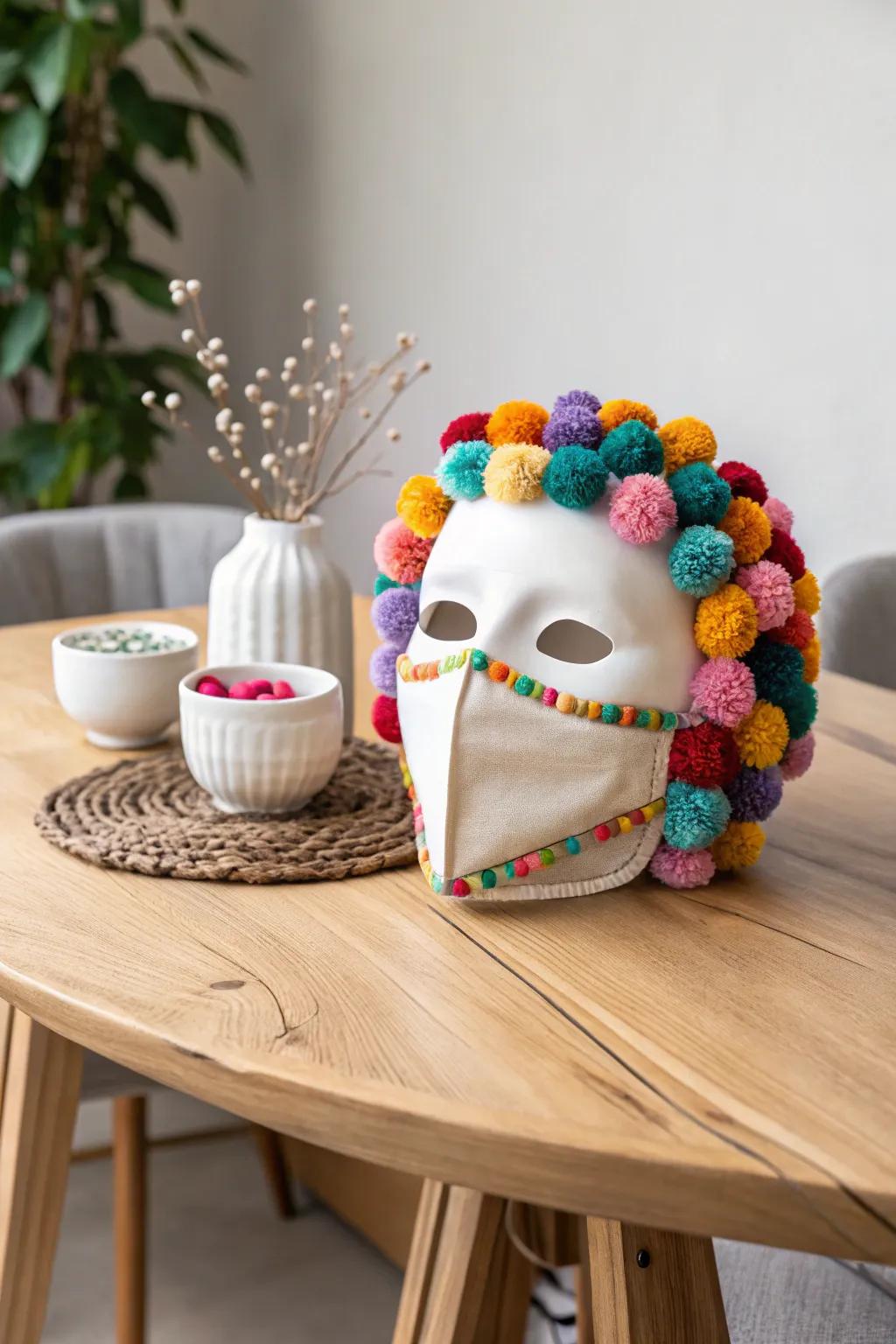 Bring a touch of whimsy to your décor with this pom-pom adorned mask – a perfect blend of boho charm and minimalist elegance!