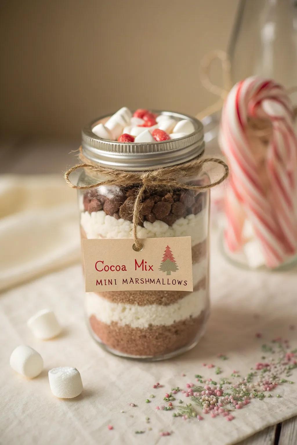 A heartfelt gift in a jar: layers of cocoa, marshmallows, and candy canes for a cozy winter night.