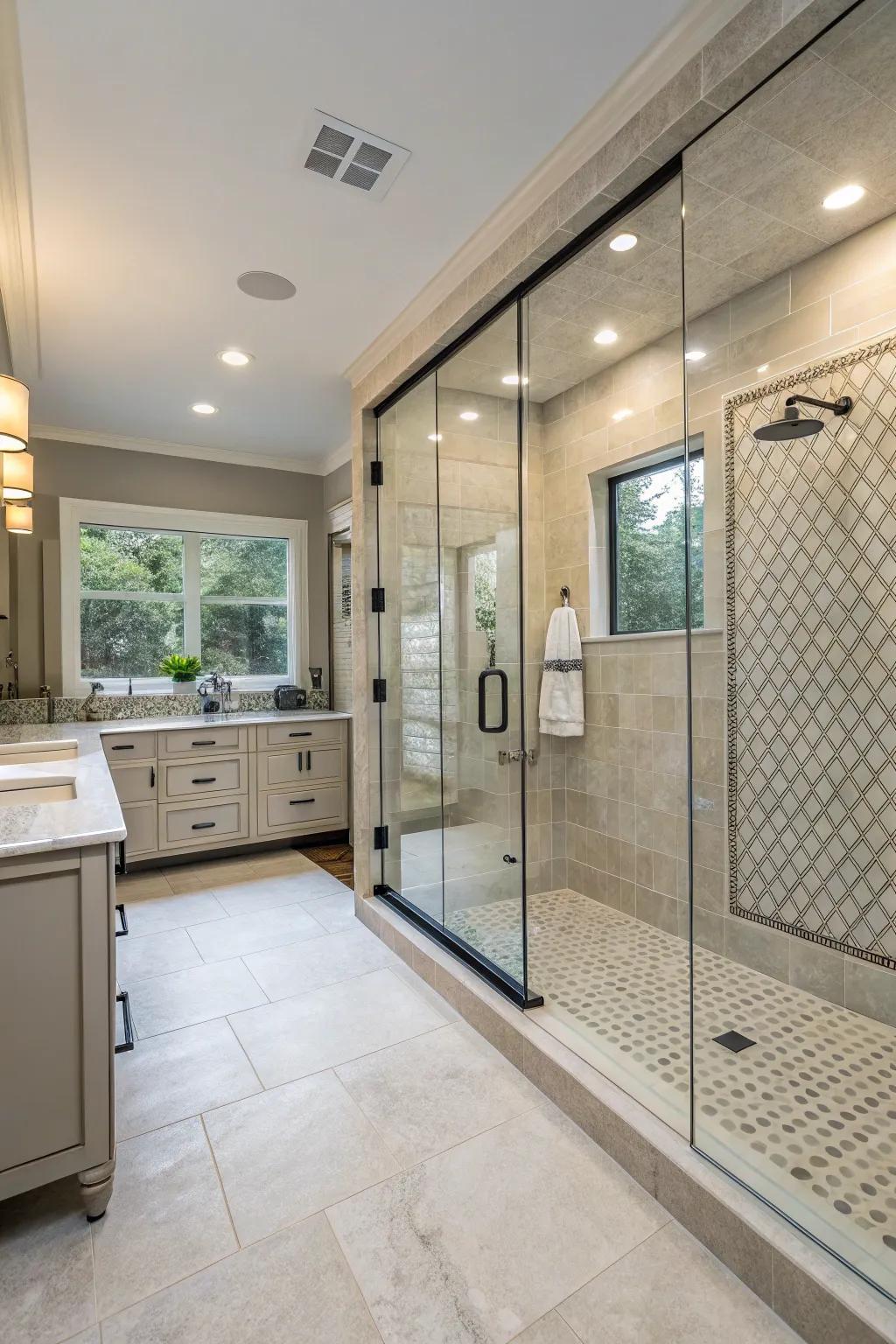 A large walk-in shower adds a touch of elegance and space to your master bathroom.