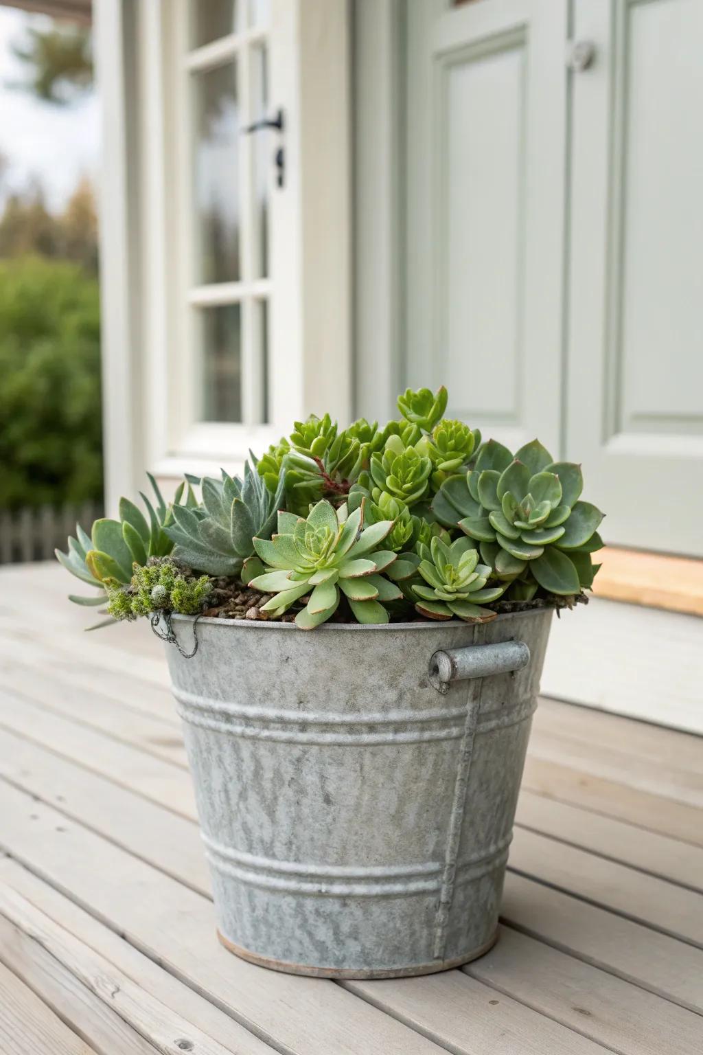 Transform a simple metal bucket into a charming planter for a touch of green on your doorstep.