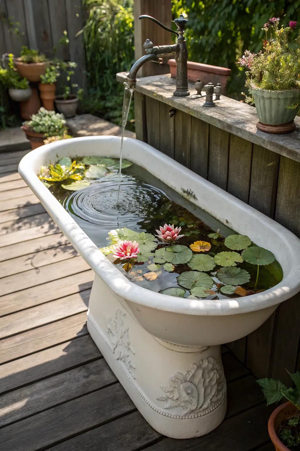 Transform vintage elegance into a serene oasis with a repurposed sink pond.