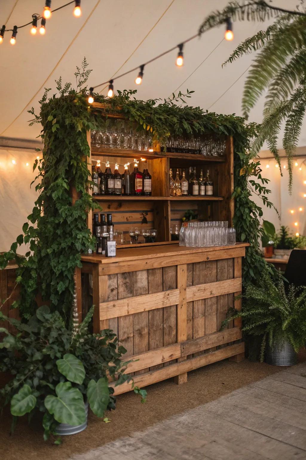 A rustic mobile bar featuring reclaimed wood and lush greenery.