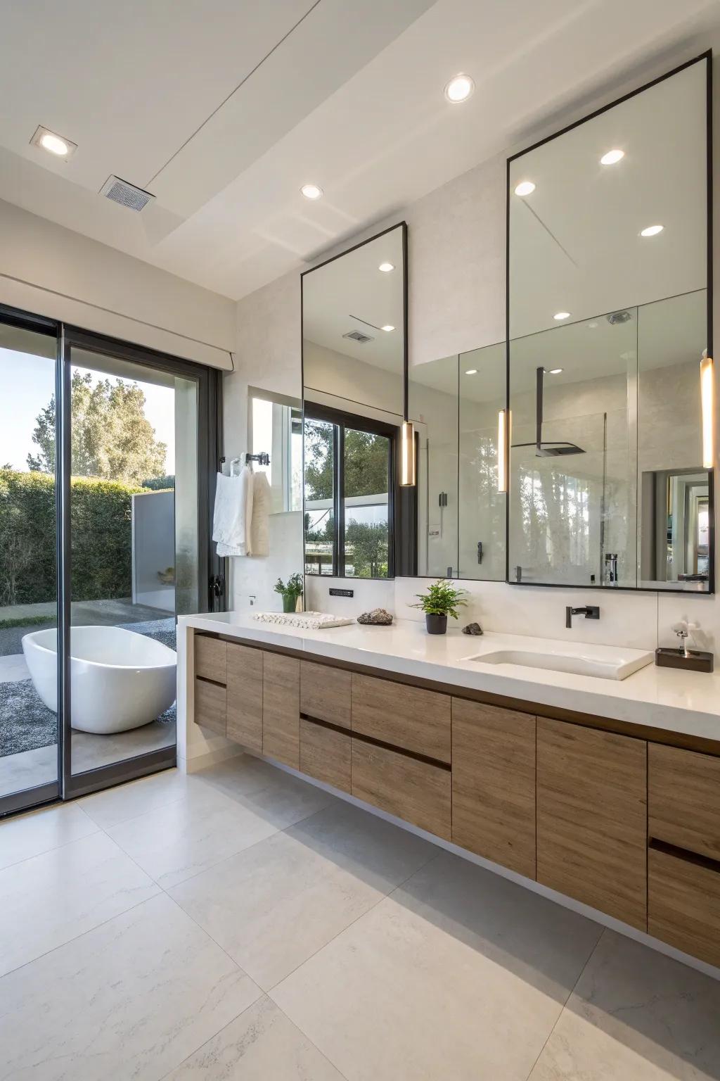 Floating vanity cabinets create an airy, spacious ambiance in a modern bathroom.