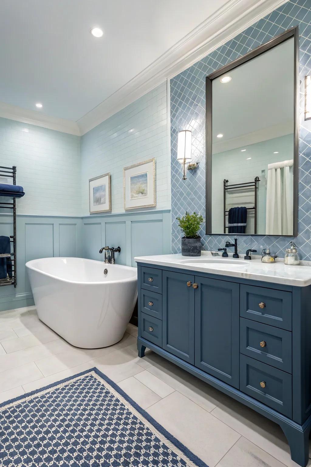 A harmonious blend of sky blue and navy creates a timeless bathroom aesthetic.