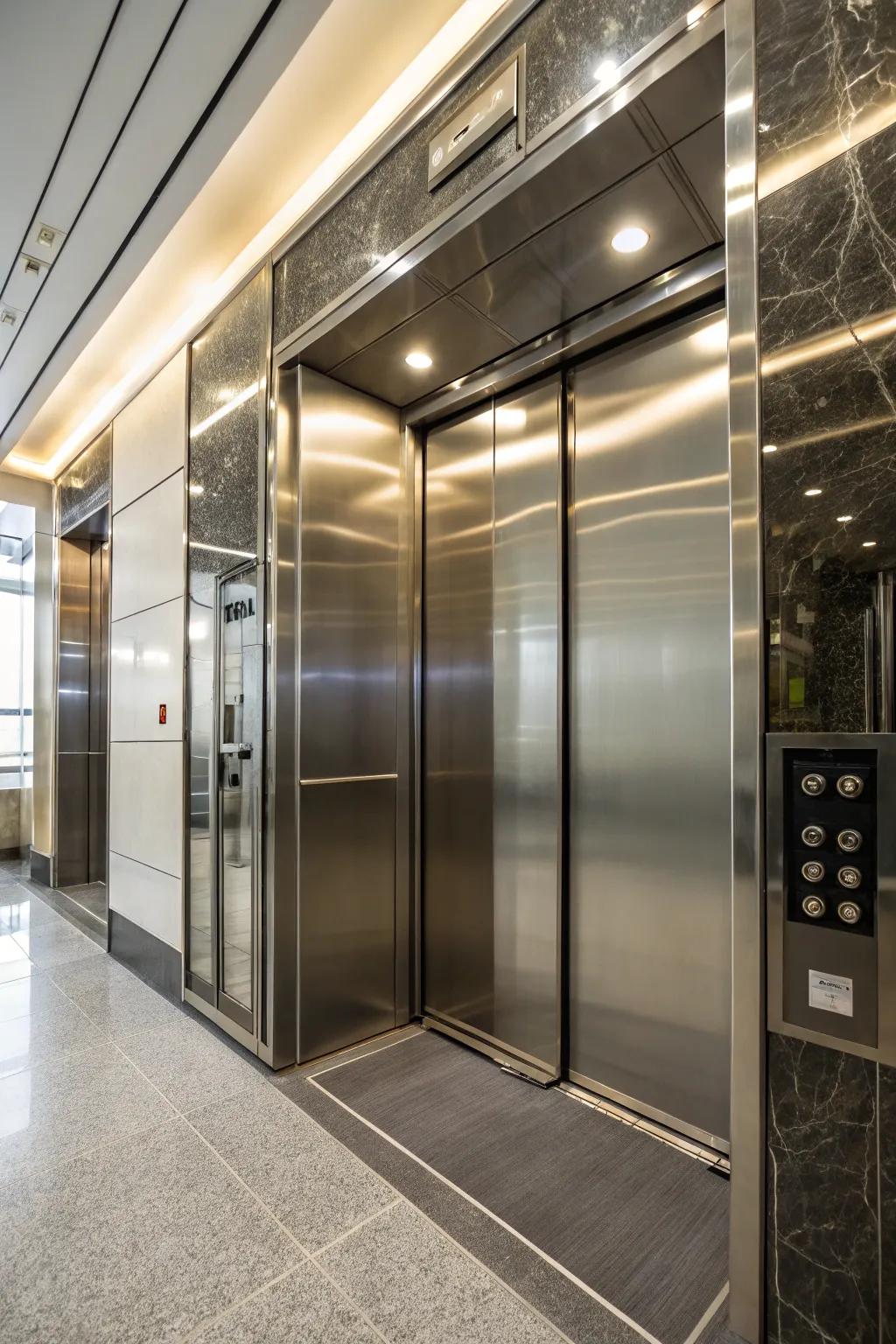 A modern elevator interior with sleek stainless steel and brushed metal finishes.