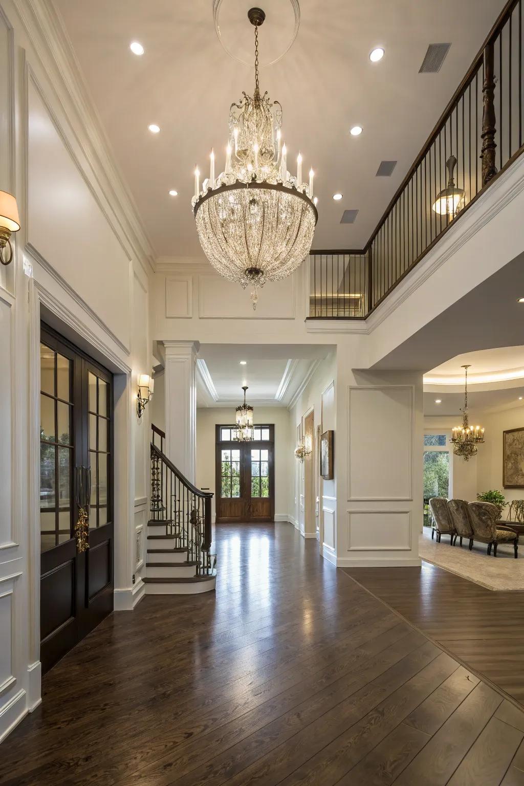 An elegant chandelier adds a touch of sophistication to this modern foyer.