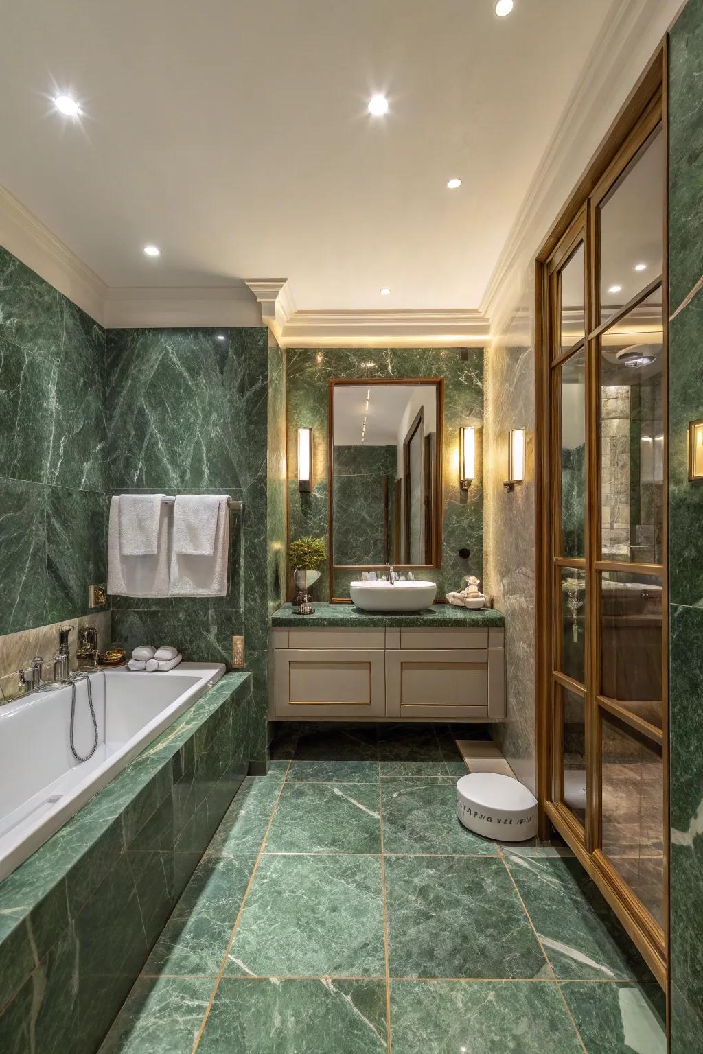 Green marble tiles create a luxurious and timeless atmosphere.