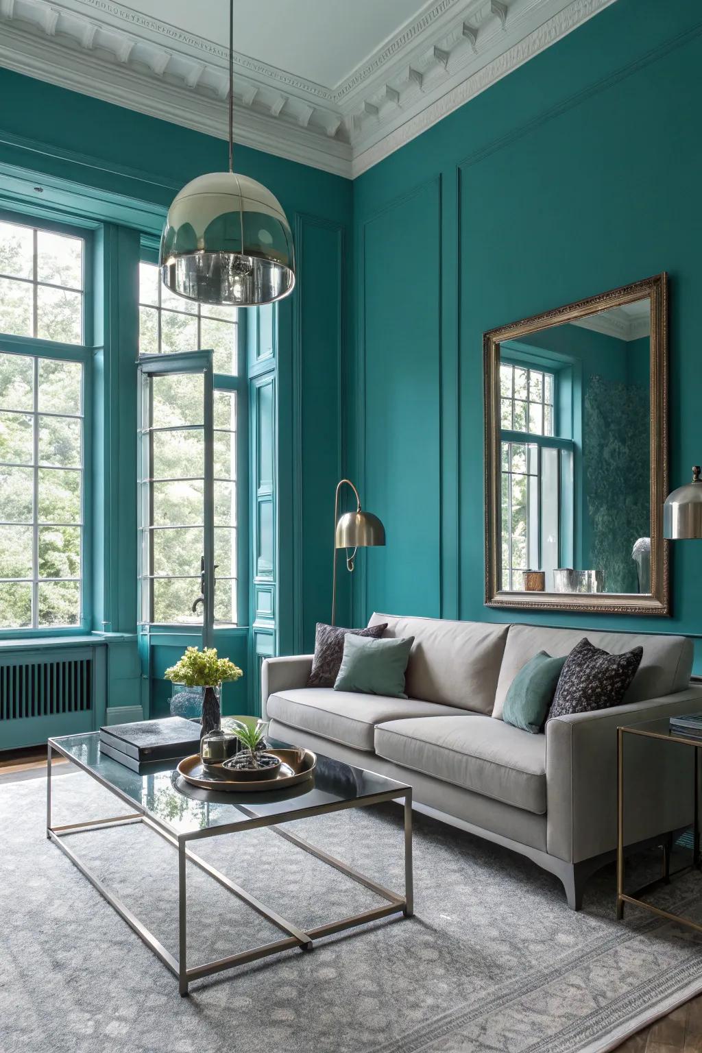 Bold teal walls create a dramatic ambiance in this modern living room.