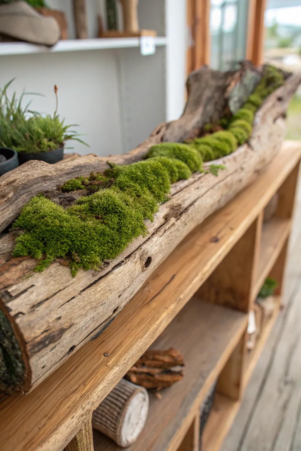 A rustic driftwood planter with lush moss, perfect for a natural decor touch.