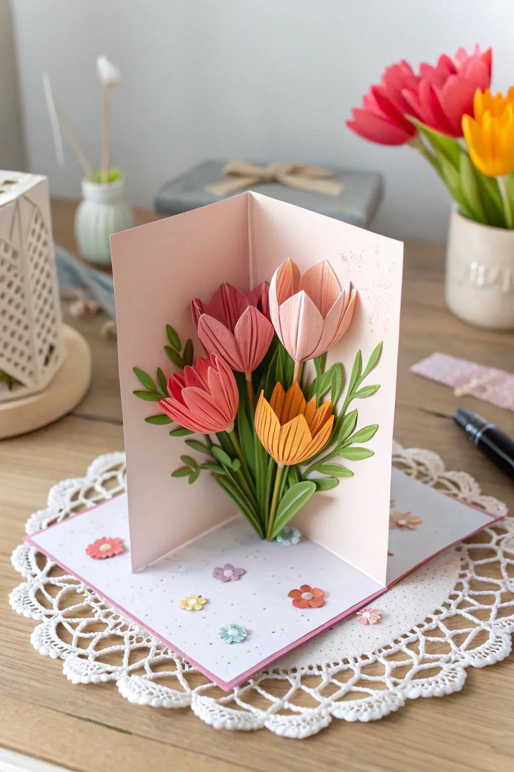 Delight in the simple joy of handmade beauty with this Flower Power Pop-Up Card for Mother's Day.