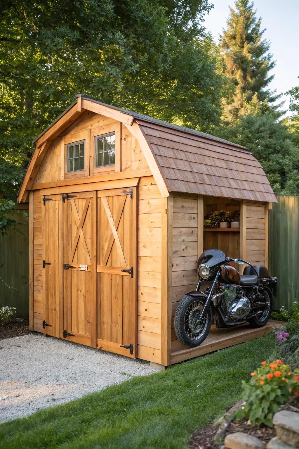The perfect blend of style and function: a compact gambrel shed for your motorcycle.